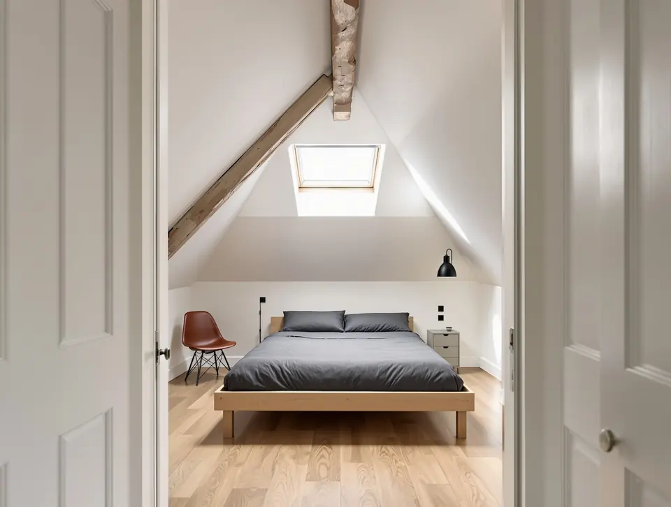 Finished loft bedroom with vaulted white ceiling, exposed beam, large skylight, oak floor, low timber bed.