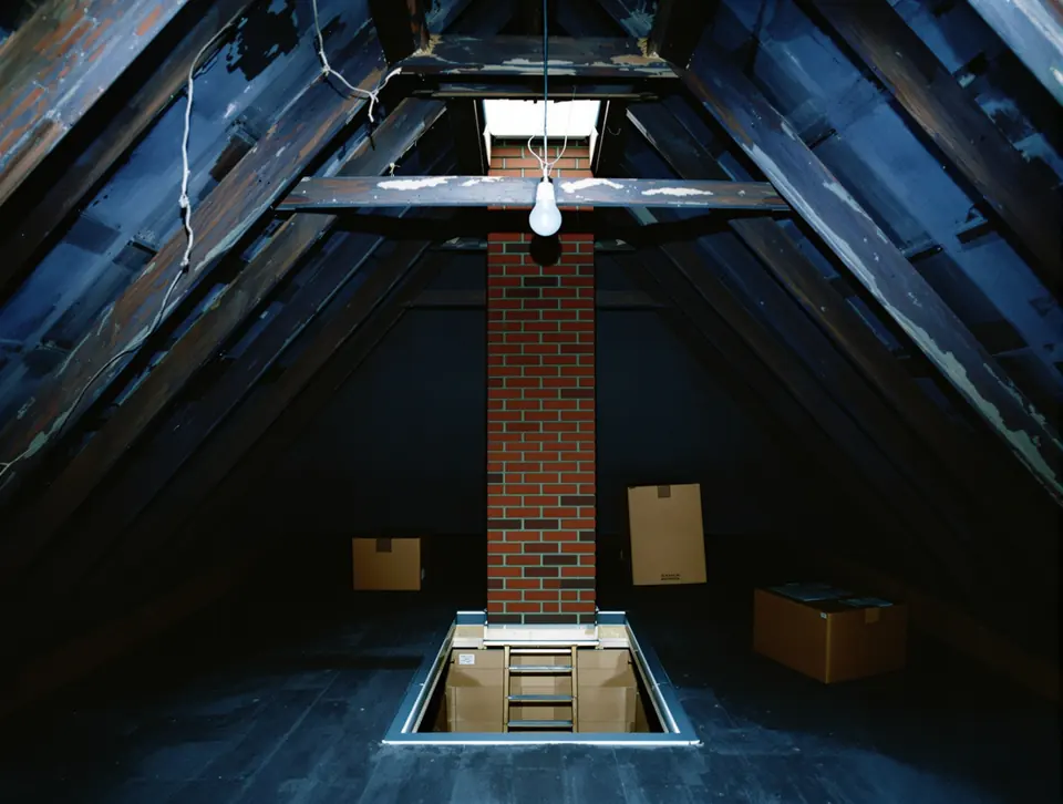 Unconverted Victorian loft attic, raw rafters, chimney stack, hatch and ladder.