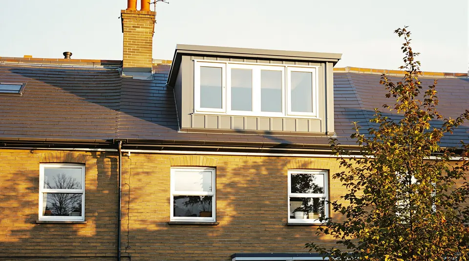 A new zinc-clad dormer loft conversion on a Victorian terraced house in Wandsworth, viewed from the rear garden.