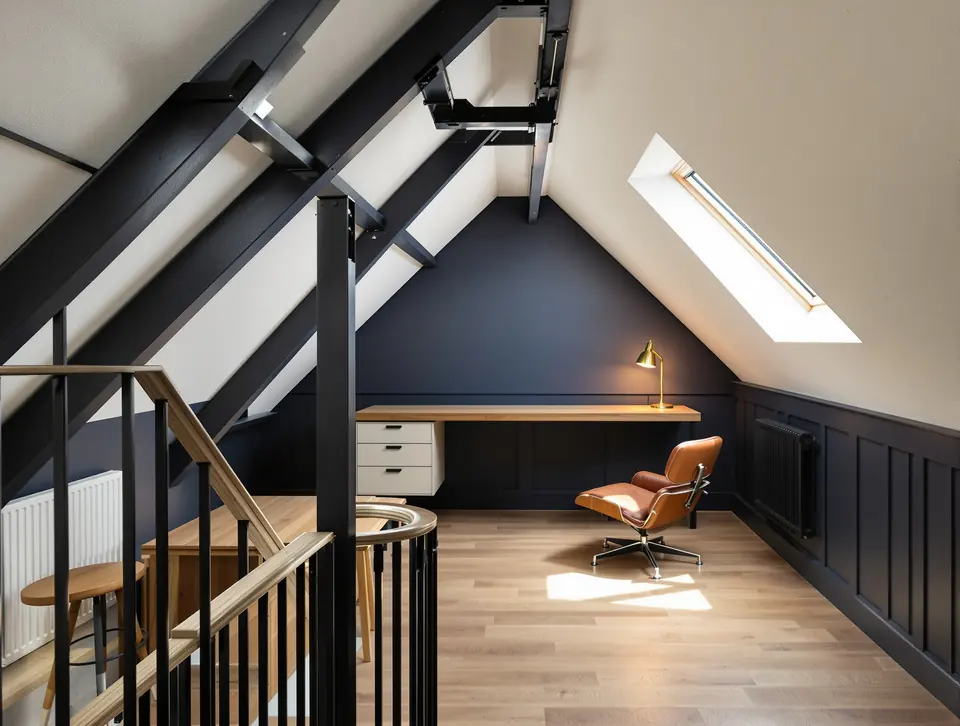 Finished L-shape loft conversion office, exposed black steel, oak desk in dormer, leather chair.