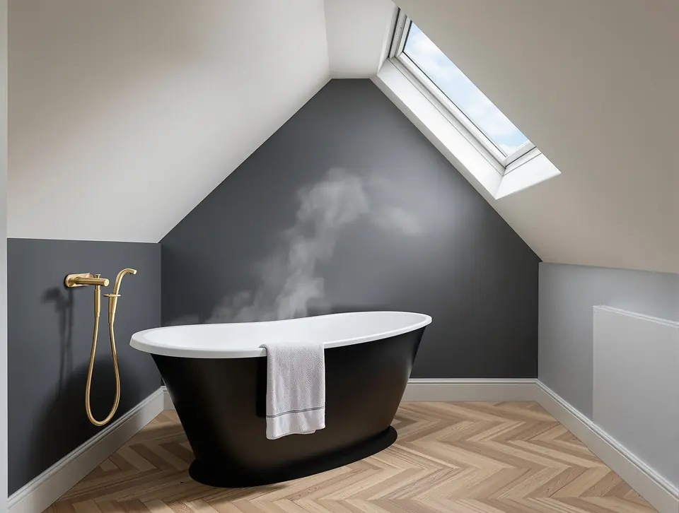 Loft conversion bathroom with black freestanding bath under skylight, brass shower, charcoal walls.